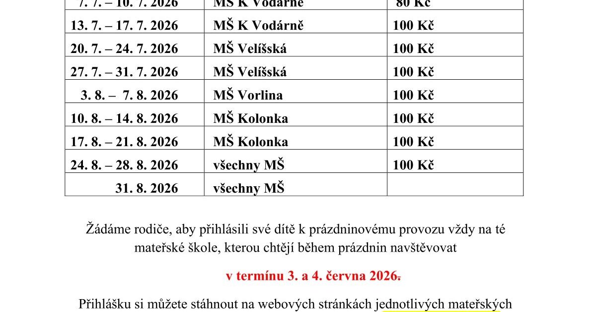 PRÁZDNINOVÝ PROVOZ MŠ